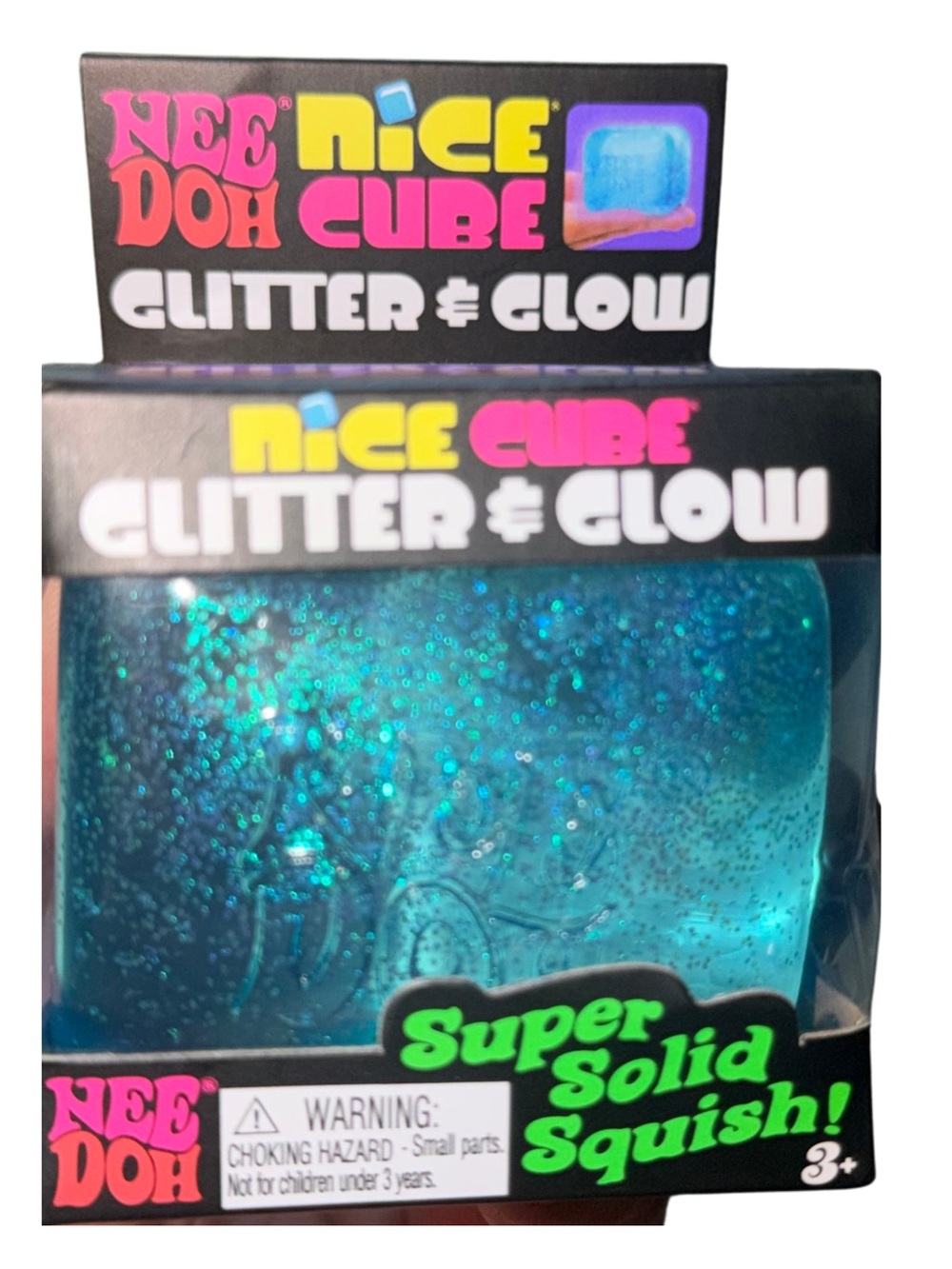 RARE NeeDoh Nice Cube Glitter & Glow Super Solid Squish - Teal Glitter